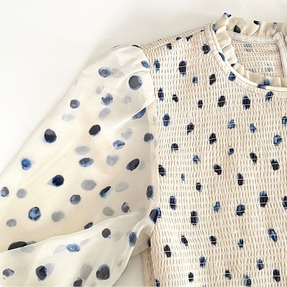 Aritzia Cream Blouson Sleeve Smocked Top with Navy Dot Print - Picture 7 of 10